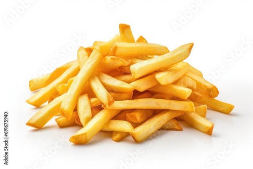 A pile of french fries on a white surface. Perfect for food blogs and restaurant promotions