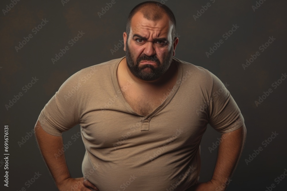 A confident man wearing a tan shirt stands with his hands on his hips. This versatile image can be used to portray confidence, determination, and leadership
