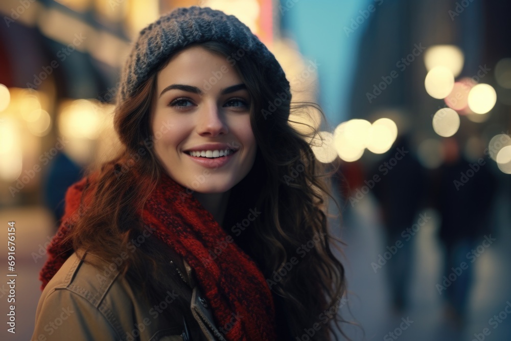 A woman wearing a hat and scarf smiles at the camera. Perfect for lifestyle and fashion-related projects A woman wearing a hat and scarf smiles at the camera. Perfect for lifestyle and fashion-related projects