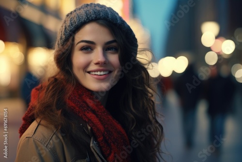 A woman wearing a hat and scarf smiles at the camera. Perfect for lifestyle and fashion-related projects © Fotograf