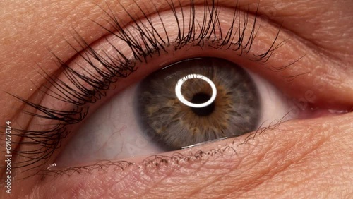 SLOW MOTION: A woman's eye with long black eyelashes after lamination. Closeup, girl's eye opening with long black eyelashes. Close-up of the human eye.. photo