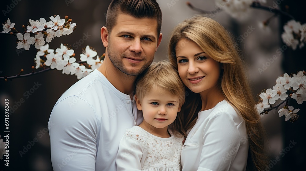 A family taking a picture together in greenery in nature. A family taking a picture together in greenery in nature.