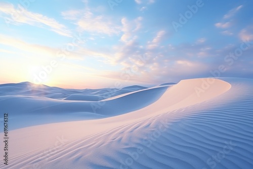 A beautiful sunset scene with the sun setting over the sand dunes. This image can be used to depict the natural beauty of a desert landscape