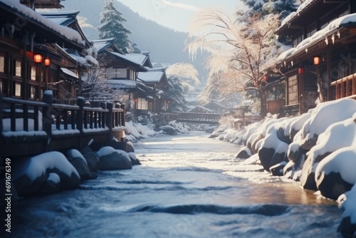 A picturesque snow-covered forest with a tranquil river running through it. Ideal for winter landscapes and nature themes
