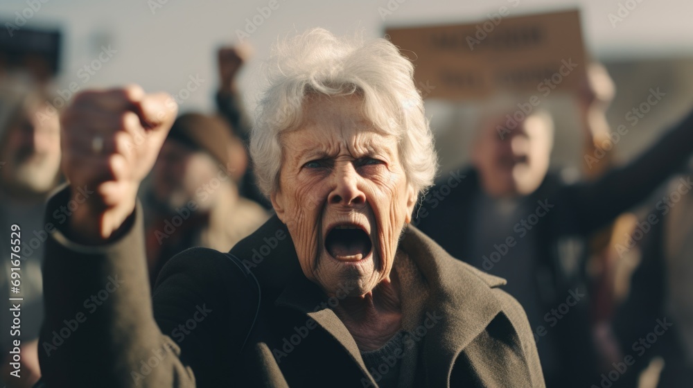 An old woman with her mouth wide open stands in front of a crowd of people. This image can be used to depict surprise, shock, or amazement in various contexts - obrazy, fototapety, plakaty 