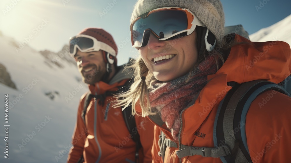 A man and a woman wearing skis and goggles. Ideal for winter sports and outdoor activities A man and a woman wearing skis and goggles. Ideal for winter sports and outdoor activities