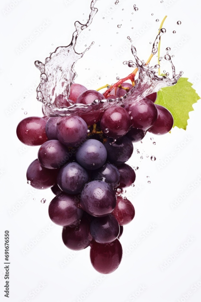 A refreshing image of water splashing on a bunch of grapes. Perfect for illustrating freshness and hydration in food and beverage-related projects