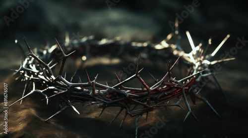 A crown of thorns resting on top of a rugged rock. Can be used to symbolize sacrifice, suffering, or religious themes