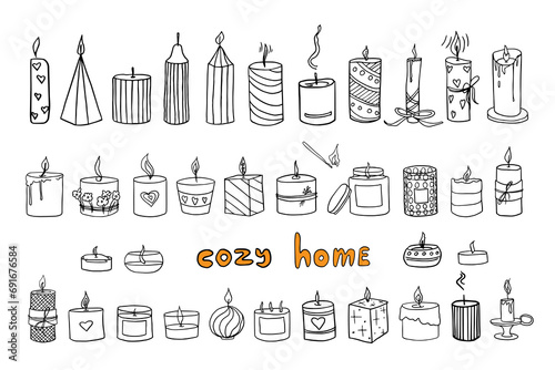 Cute set of candles of different shapes and sizes. Cozy home. Doodle style. Burning aroma candles in glass jars, pillar, jar candle, square, container candle. Hand drawn