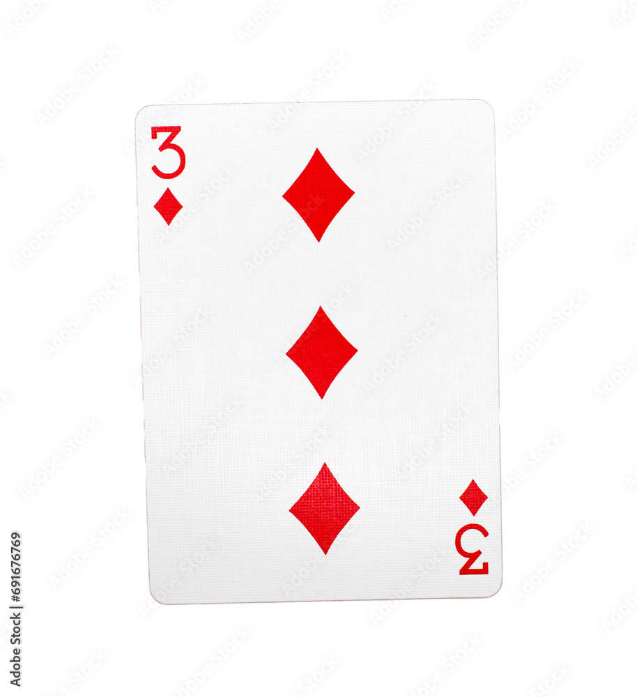 Three of diamonds playing card on a transparent background 