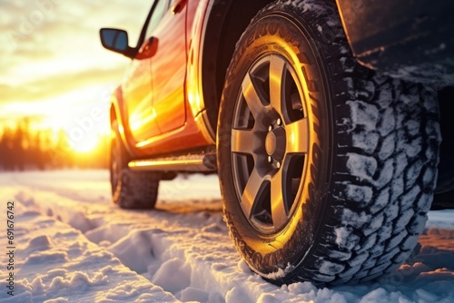 A detailed view of a tire on a snowy road. This image can be used to depict winter driving conditions or the need for winter tires © Fotograf