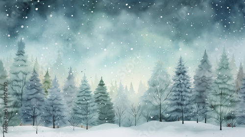 A magical forest of Christmas trees with snow falling gently, watercolor style, charming illustrations, xmas, new year, with copy space