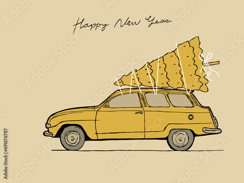 Vector illustration of a festive car transporting a Christmas tree on its roof. Ideal for holiday-themed deliveries and Christmas tree transportation concepts.