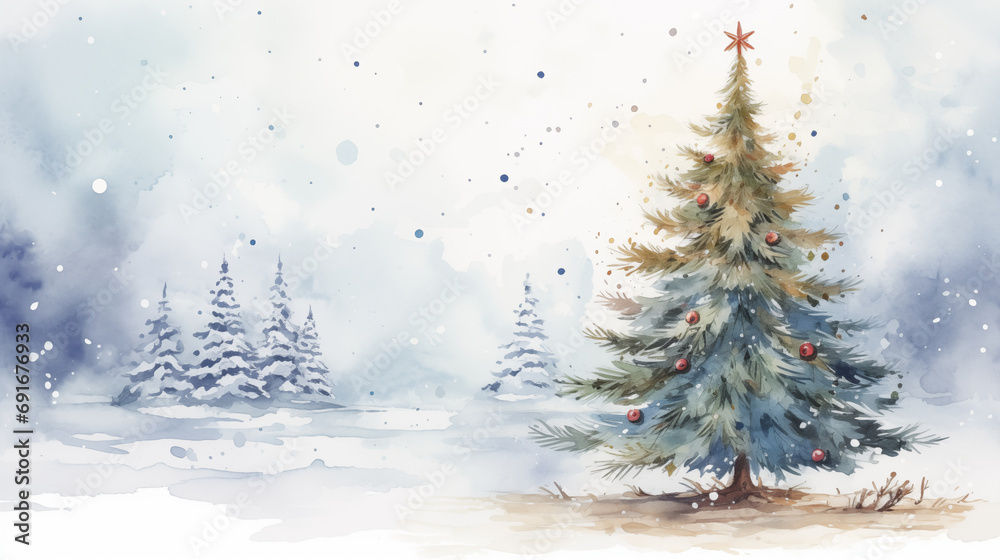A rustic watercolor Christmas tree with woodland decorations, watercolor style, charming illustrations, xmas, new year, with copy space