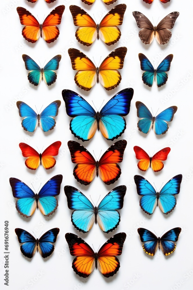 Fototapeta premium Group of vibrant butterflies resting on a clean white surface. Perfect for nature enthusiasts and those looking to add a pop of color to their designs