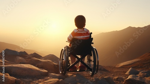 A person in a wheelchair navigating a rocky hill. Suitable for outdoor adventure and accessibility concepts photo