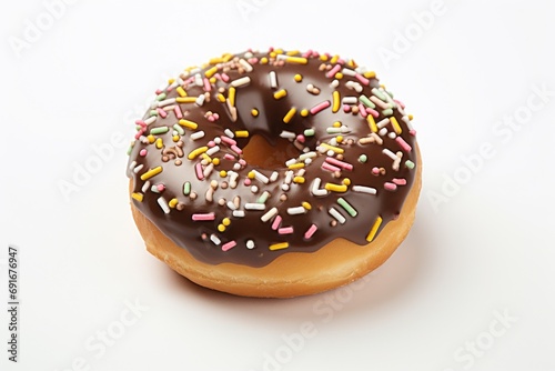 A delicious chocolate frosted donut with colorful sprinkles on a clean white surface. Ideal for food blogs, bakery advertisements, or dessert-themed designs