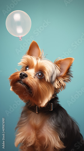 Yorkshire Terrier gazing at a floating balloon on a blue background. photo