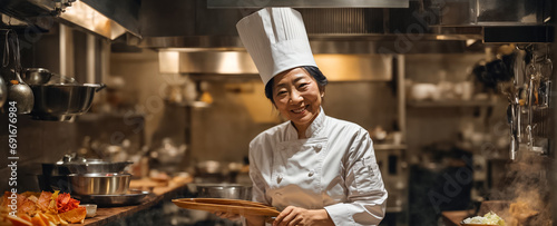 Portrait of an elderly Japanese woman cook in the kitchen