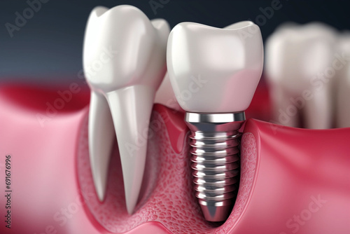 Jaw with gums and teeth and dental implant screws. Dental implant process, 3D illustration. Close up of a dental implant. Copy space. photo