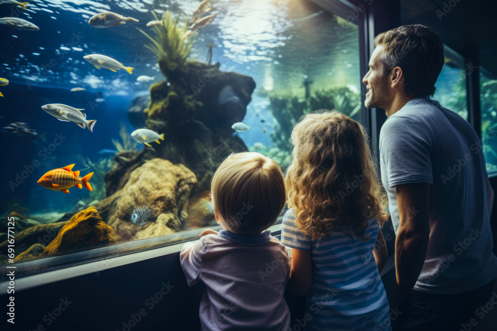 Obraz na płótnie Family watching dolphins in aquarium. Children having fun at weekend getaway. Silhouettes of family in oceanarium watching fishes, sharks, dolphins. w salonie