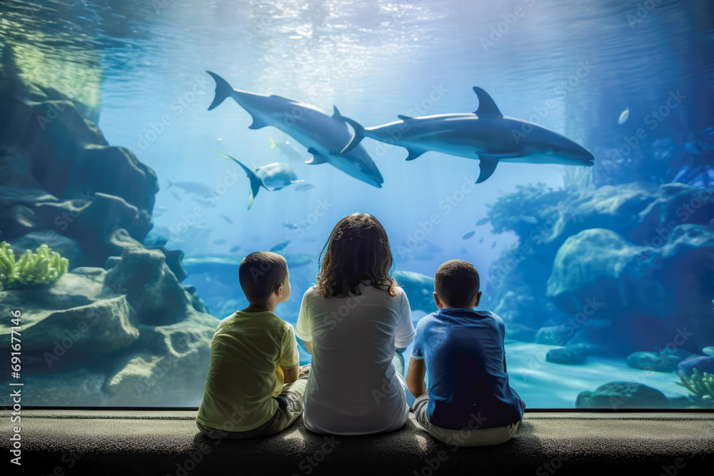 Obraz na płótnie Family watching dolphins in aquarium. Children having fun at weekend getaway. Silhouettes of family in oceanarium watching fishes, sharks, dolphins. w salonie