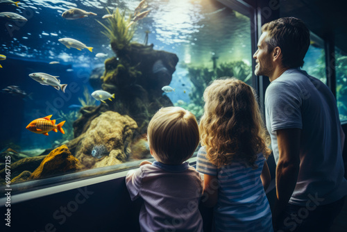 Family watching dolphins in aquarium. Children having fun at weekend getaway. Silhouettes of family in oceanarium watching fishes, sharks, dolphins. photo