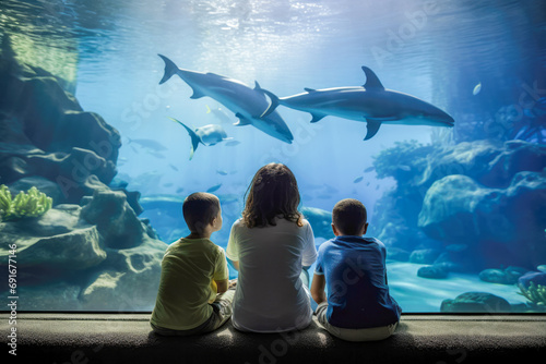 Family watching dolphins in aquarium. Children having fun at weekend getaway. Silhouettes of family in oceanarium watching fishes, sharks, dolphins.