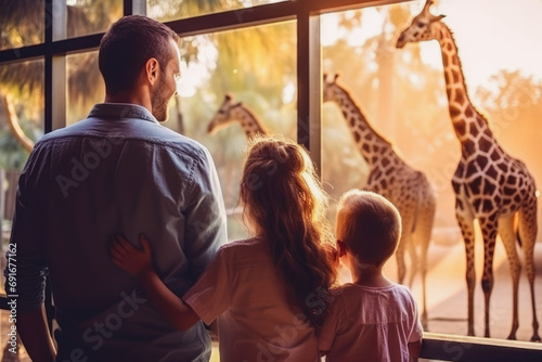 Family watching giraffe in the other side of the cage in the zoo. Animal captivity. Weekend getaway, grip, vacation.