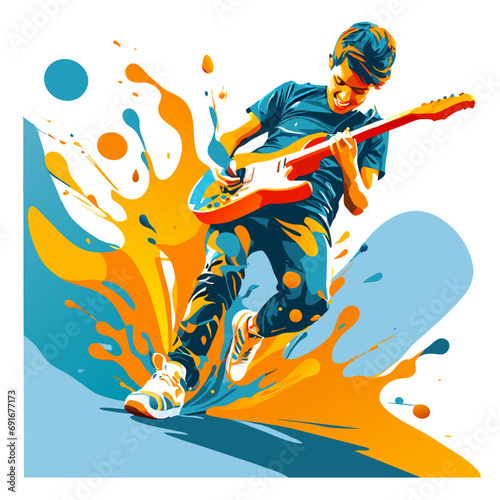Isolated vector illustration on white background in abstract graphite style guy playing guitar, paint splatters