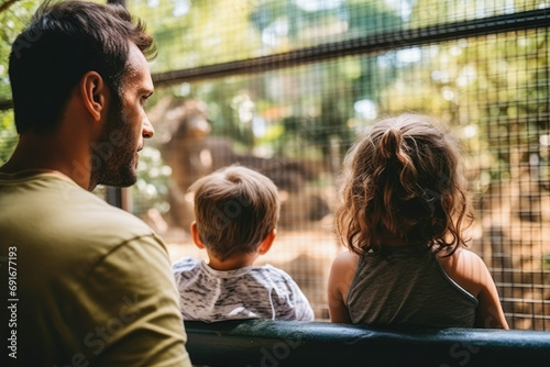 Family watching animals in the other side of the cage in the zoo. Animal captivity. Weekend getaway, grip, vacation.