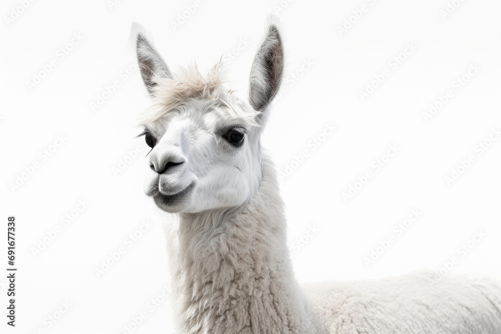 A detailed close-up of a llama against a plain white background. Perfect for animal lovers and educational materials