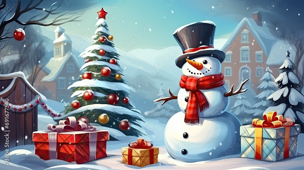 Obraz premium illustration of cute snowman, christams tree and gift boxes
