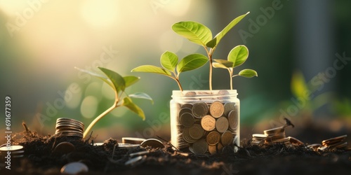 A jar filled with coins and a plant growing out of it. This unique image can be used to represent financial growth, savings, investment, or the concept of nurturing wealth photo