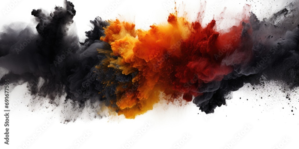 A vibrant cloud of red and black smoke against a clean white background. Perfect for adding a dramatic touch to your designs or presentations