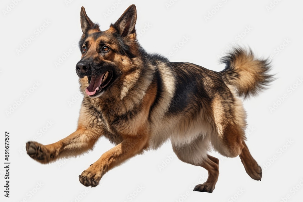 A German Shepherd dog is captured in action, running with a frisbee in its mouth. This dynamic image can be used to showcase the athleticism and playfulness of dogs in various contexts A German Shepherd dog is captured in action, running with a frisbee in its mouth. This dynamic image can be used to showcase the athleticism and playfulness of dogs in various contexts