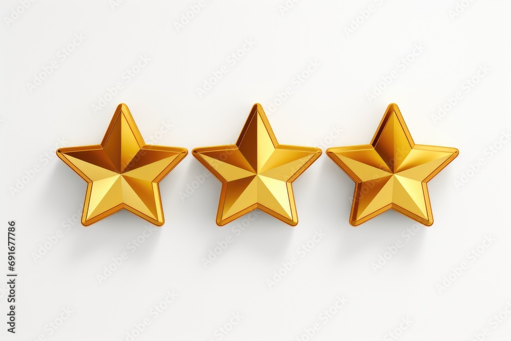 Three golden stars on a white surface. Perfect for adding a touch of elegance and glamour to any design project