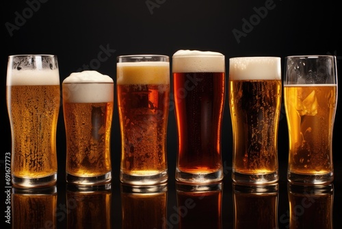 A row of glasses filled with different types of beer. Perfect for illustrating a variety of beer options or showcasing a beer tasting event
