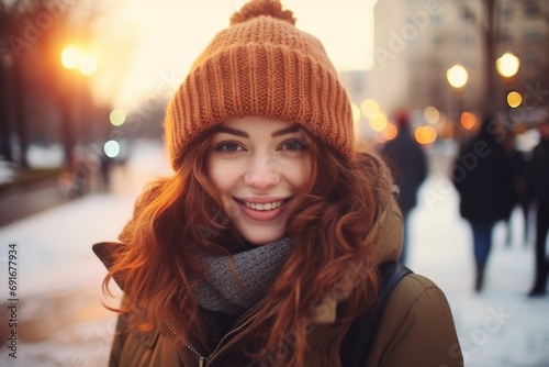 A woman is pictured wearing a hat and scarf in the snowy weather. This image can be used to portray winter fashion or cold weather activities