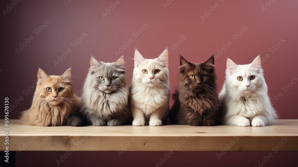  a group of cats sitting next to each other on a wooden table in front of a pink wall and a wooden table in front of them is a row of four cats.