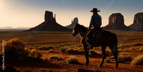 Silhouette of a cowboy on horseback looking at Monument Valley photo
