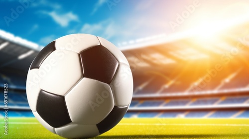 A soccer ball on a field with the sun shining in the background  creating a vibrant and energetic atmosphere.