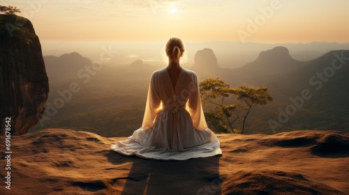 A woman meditating peacefully on a rock.