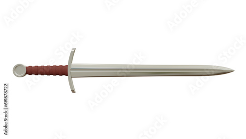 Medieval steel sword with red handle isolated on transparent and white background. Knight concept. 3D render