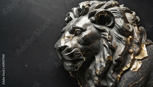 Statue / Skulptur eines Löwen-Kopfes aus Stein mit Rissen vor dunklem Hintergrund. Illustration photo