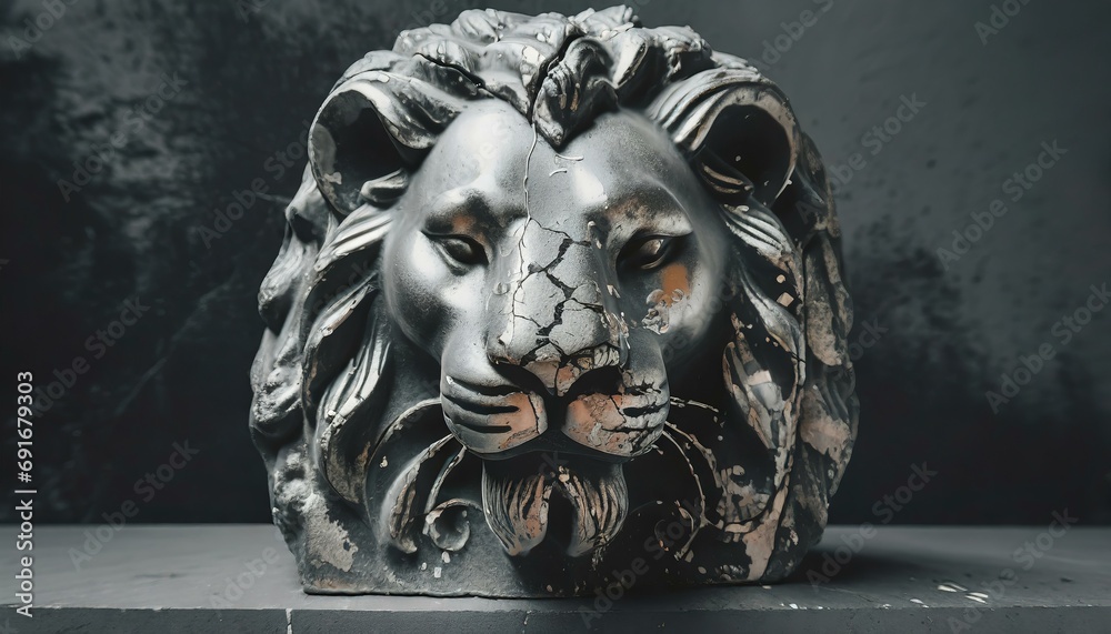Statue / Skulptur eines Löwen-Kopfes aus Stein mit Rissen vor dunklem Hintergrund. Frontal. Illustration - obrazy, fototapety, plakaty 