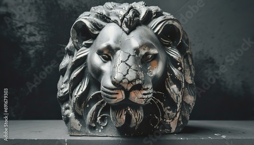 Statue / Skulptur eines Löwen-Kopfes aus Stein mit Rissen vor dunklem Hintergrund. Frontal. Illustration photo