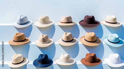 Many hats lined up in a row, showcasing a variety of styles, colors, and designs. photo