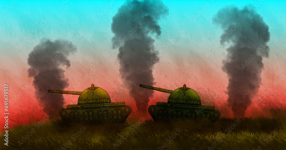 Armored Tanks Sunset Background Illustration