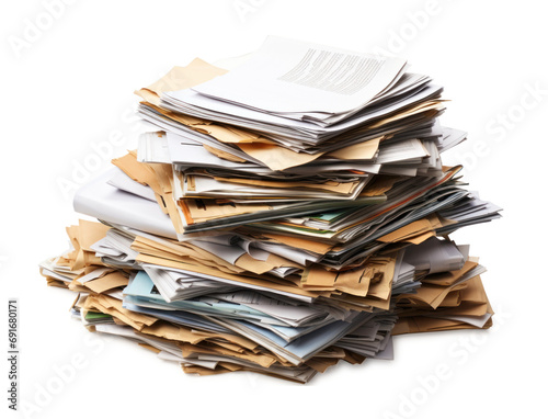 stack of old sheets of paper and magazines , isolated 